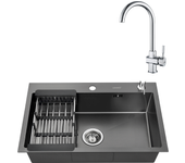 Fregadero de cocina negro 68x45x19cm con distrubuteur de jabón y escurridor cesta + grifo de cocina cromado giratorio a 360° agua fría / caliente