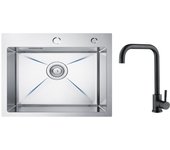 Fregadero de cocina 1 seno 50×45×18,5 cm fregadero de acero inoxidable cepillado + mezclador de cocina de acero inoxidable negro estrellado