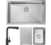 Cecipa max fregadero de cocina 1 seno 70×44cm fregadero encastrable inox cepillado con escurridor y lavabo + mezclador de cocina con ducha extraíble