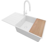 Primagran fregadero granitotodo blanco 90x50cm, fregadero cocina 1 seno + sifón+ accesorio, fregadero sobre encimera al mueble 60cm