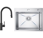 Fregadero de acero inoxidable fregadero de cocina de 1 seno fregadero de cocina cepillado de 50 × 45 cm + grifo de cocina monomando con ducha extraíbl