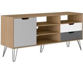 Mueble tv roble, blanco, gris claro y oscuero estocolmo 2 cajones, 1 puerta y 1 estantes patas metal en negro 140x40x65 cm
