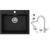 Cecipa max fregadero de cuarzo negro 50x45cm fregadero de 1 seno de cuarzo y resina + grifo de cocina monomando con ducha extraíble, cepillado