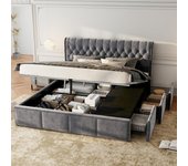 Cama con canapé 160 x 200 cm con cabecero y 3 cajones - decoración rivet - terciopelo - gris (sin colchón)