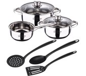 Bateria 5pcs acero inoxidable: cazo ø16x7,5 cacerolas de ø18x8,5 y ø20x9,5 cms., inducción + set 3pcs utensilios de cocina en nylon