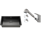 Fregadero cocina 1 bandeja 74*44*20cm,inox cepillado con sifón y trop-plein+grifo cuisine con ducha extraíble 2 jets,agua fría / caliente,gris