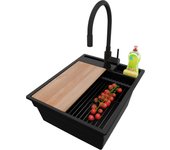 Primagran fregadero granito todo negro 43x53cm, fregadero cocina 1 seno + sifón + accesorios, fregadero sobre encimera al mueble 45cm - oslo pocket