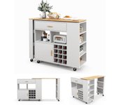 Costway carrito de cocina, carrito de servicio móvil 2 en 1, carrito de almacenamiento con tapa de madera de caucho, estante ajustable, portabotellas,
