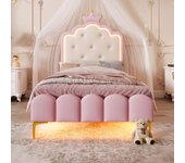 Cama tapizada 90 x 200 cm con cabecero corona - polipiel - leds - somier de láminas - rosa (sin colchón)