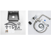 Fregadero cocina negro 1 bandeja 45x45cm acero inoxidable 304, empotrado y de colocar + grifo de cocina ducha extraíble de 2 jets