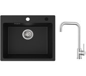 Cecipa fregadero de lavabo 1 50x45 cm fregadero de cuarzo y resina fregadero encastrable + mezclador de cocina de acero inoxidable cepillado