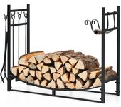 Soporte para leña de acero resistente con patas elevadas, 6 ganchos y 4 herramientas, carga de 50 kg, sirviente chimenea para interior exterior