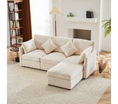 Sofá esquinero de 3 plazas - con reposapiés modular - chenilla - beige
