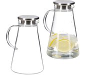 2 jarras de cristal, con tapa, 1,8 l, dispensador de bebidas, para lavavajillas, 1 ud., transparente & plateado