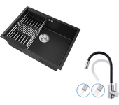 Auralum max fregadero cocina 1bandeja 60*44*20cm,inox 304,para empotrar con cesta desagüe,negro+mezclador cocina negro flexible,abatible,2 tipos jets