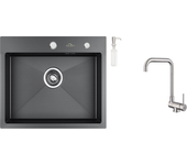 Fregadero cocina 1 bandeja 55*45cm negro+mezclador cocina acero inoxidable, plegable girante 360° con mango plegable contra ventana