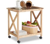 Relaxdays carrito cocina de 2 niveles con placa de vidrio, marrón, madera de nogal, 63 x 66,5 x 38 cm