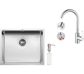 Fregadero de cocina inox 1 bandeja 50*43*18cm con dispensador de jabón+grifo cocina girante 360° con agua caliente/fría, cromado