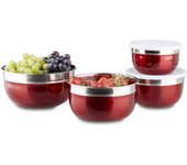 Relaxdays boles con tapa, set de 4, acero inox y plástico, rojo, diferentes tamaños