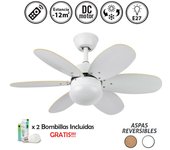 Ventilador de techo con luz silencioso dc con mando bi-alves color blanco y haya 85 cm invierno-verano