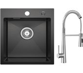 Cecipa max fregadero de cocina negro 40*45cm - inox fregadero de 1 seno + grifo de cocina mezclador con resorte y 3 modos de salida de agua