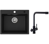 Fregadero de 1 lavabo 50x45 cm fregadero de cuarzo y resina fregadero empotrado + mezclador de lavabo de 3 vías, 2 palancas, negro