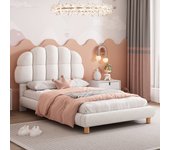 Cama individual 90 x 200 cm con cabecero cuadrado, somier de láminas de madera, terciopelo, blanco