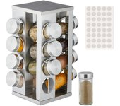 Relaxdays especiero giratorio, 16 dosificadores, 360º, 40 etiquetas, acero inoxidable, cristal, 27,5x19,5x19,5 cm, plata