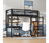Cama alta de 90 x 200 cm con armario, escaleras, escritorio, estantes de almacenamiento, todo en uno - estructura de metal - negro