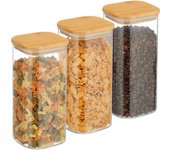 Relaxdays botes cristal con tapa bambú, set de 3, recipientes cuadrados 1500 ml, tarros herméticos, transparente/natural