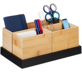 Relaxdays organizador de escritorio bambú, set de 4 piezas, para materiales de oficina, cosméticos, baño, natural/negro