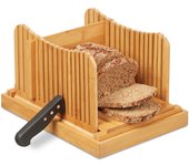 Relaxdays cortador de pan, tabla cortar con guía y recogemigas, para rebanadas de tostada y bizcocho, bambú, marrón