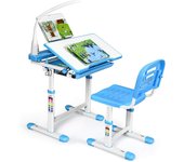 Juego de escritorio, mesa de escritorio para niños con lámpara, de escritorio con altura regulable, muebles para niños, con silla, con cajón, azul