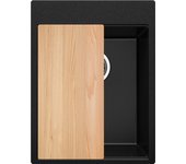 Primagran fregadero cocina negro 38x50cm, fregadero granito 1 seno + sifón + tabla de cortar, fregadero sobre encimera al mueble 40cm - oslo