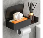 Portarrollos de papel higiénico de pared de acero inoxidable con placa de extensión, apto para baño y cocina (negro)