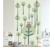 Papelera panorámica asegurada, sala de niños, ilustración del búho en el bosque encaramado en un árbol, sobre un fondo verde, 250 cm x 150 cm