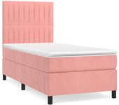 Cama somier tapizada con colchón de terciopelo rosa 90x200 cm