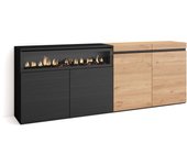 Aparadores para salón, 200x35x75cm, 4 puertas, chimenea eléctrica, roble y negro