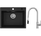 Cecipa max fregadero de cuarzo negro 50x45cm fregadero de 1 seno de cuarzo y resina + grifo de cocina monomando con ducha extraíble, 2 modos de salida
