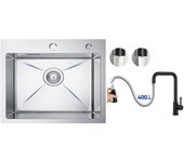 Cecipa max fregadero de cocina 1 seno 50×45×18,5cm fregadero de acero inoxidable cepillado + grifo monomando con ducha extraíble, negro