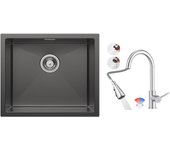 Cecipa max 1 fregadero para lavabo 50*44 cm fregadero de acero inoxidable negro antracita + grifo de cocina mezclador con ducha extraíble, cepillado