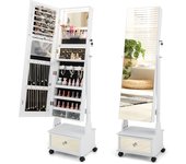 Costway armario para joyas, espejo joyero de pie con luces led de 3 colores, espejo de pie cuerpo entero con cerradura, cajón y 4 ruedas, almacenamien