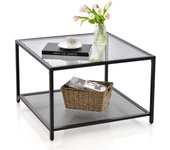 Mesa baja de cristal templado con estantería, mesa baja con marco de metal resistente, mesa auxiliar, carga 50 + 20 kg, 70x70x45cm (cristal gris)