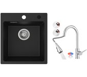 Cecipa max fregadero de cocina de cuarzo y resina fregadero de cuarzo 40x45cm 1 seno negro + mezclador de cocina con ducha extraíble, cepillado