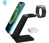 Estación de carga 3 en 1 de 15w. base de carga inalámbrica qi para 2 smartphones, auriculares y apple watch. 11,5x7,4x13,5 cm. color: negro dam