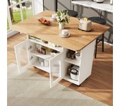 Isla de cocina móvil con 2 puertas y estantes abiertos - tablero extensible - 120x30(70)x79,5cm - madera mdf - blanco y natural