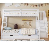 Cama superpuesta 90x200cm + 120x200cm - con cama nido 90x190cm - madera maciza - con escalera de almacenamiento y barandilla - blanco