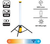 Luz tubular led recargable 6.000lm, 54w, 360° sobre trípode. cargador de carga rapida