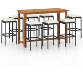 Conjunto de bar para jardín 9 piezas con cojines negro