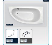 Bañera asimétrica - 150 x 70 cm - derecha - sin revestimiento - con patas - asas - reposacabezas - desagüe cromado - milena premium
